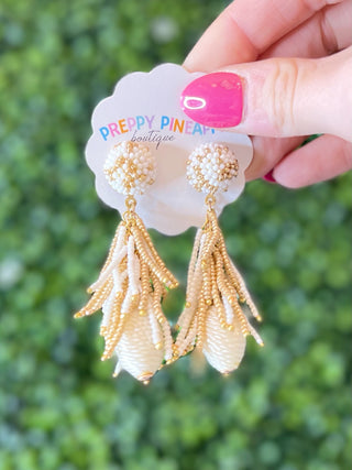 Bead Dome and Tassel Earrings- White