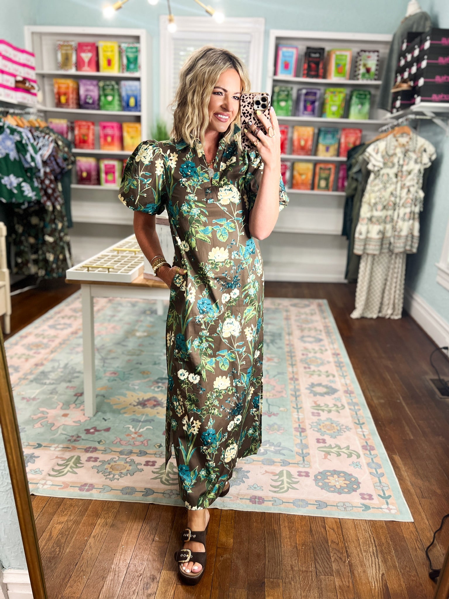 Autumn Muse Floral Midi Dress -Brown