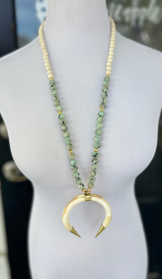 PPB Handmade Horn Necklace - Cream wood beads with Kiwi Stones