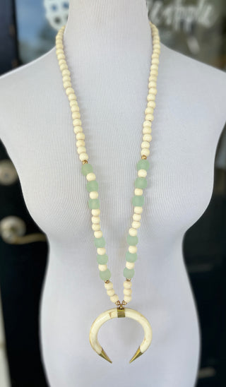 PPB Handmade Horn Necklace - Cream Wood Beads with Seaglass