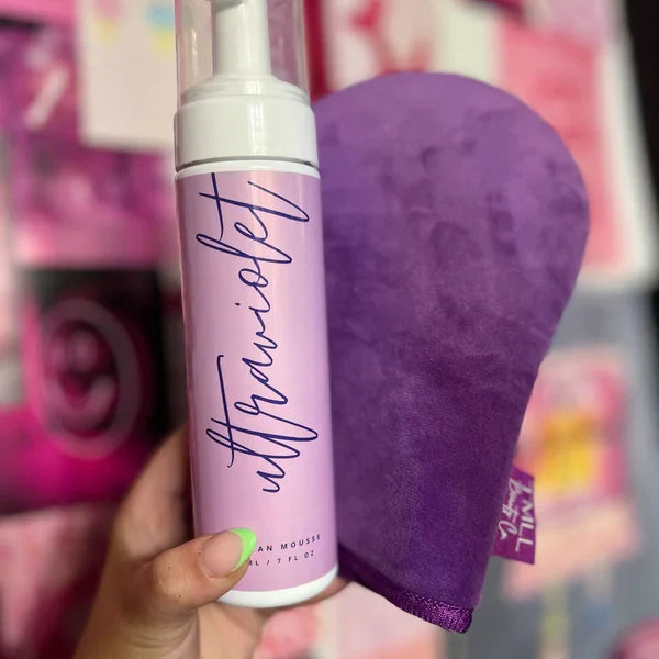 TMLL Ultra Violet self tanner bottle with pump and purple applicator mitt