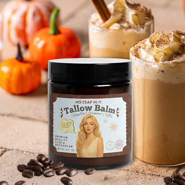 No Crap In It tallow balm jar, black lid, vanilla caramel coffee label