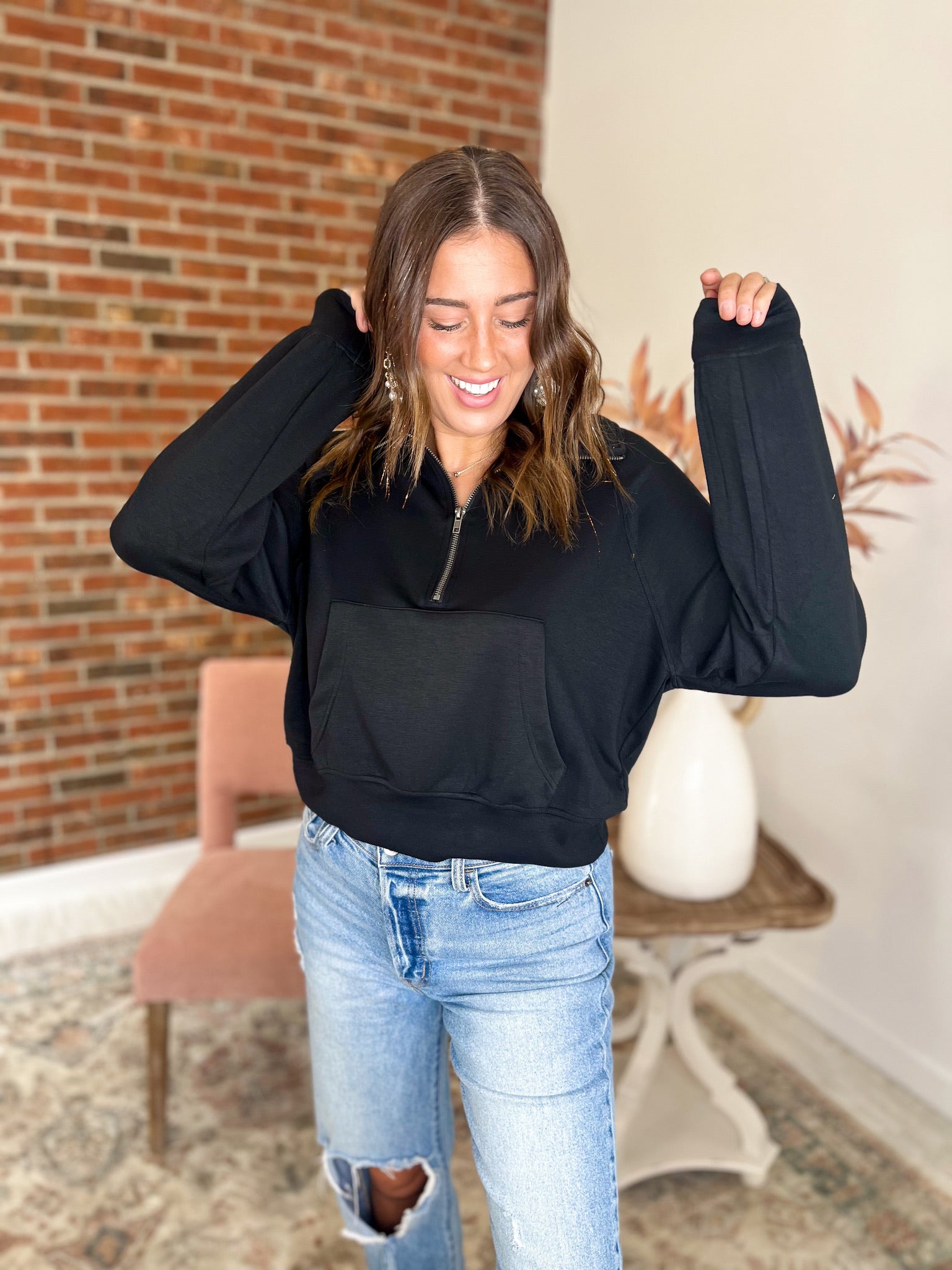 Fall Sentiments Half-Zip Sweatshirt - Black