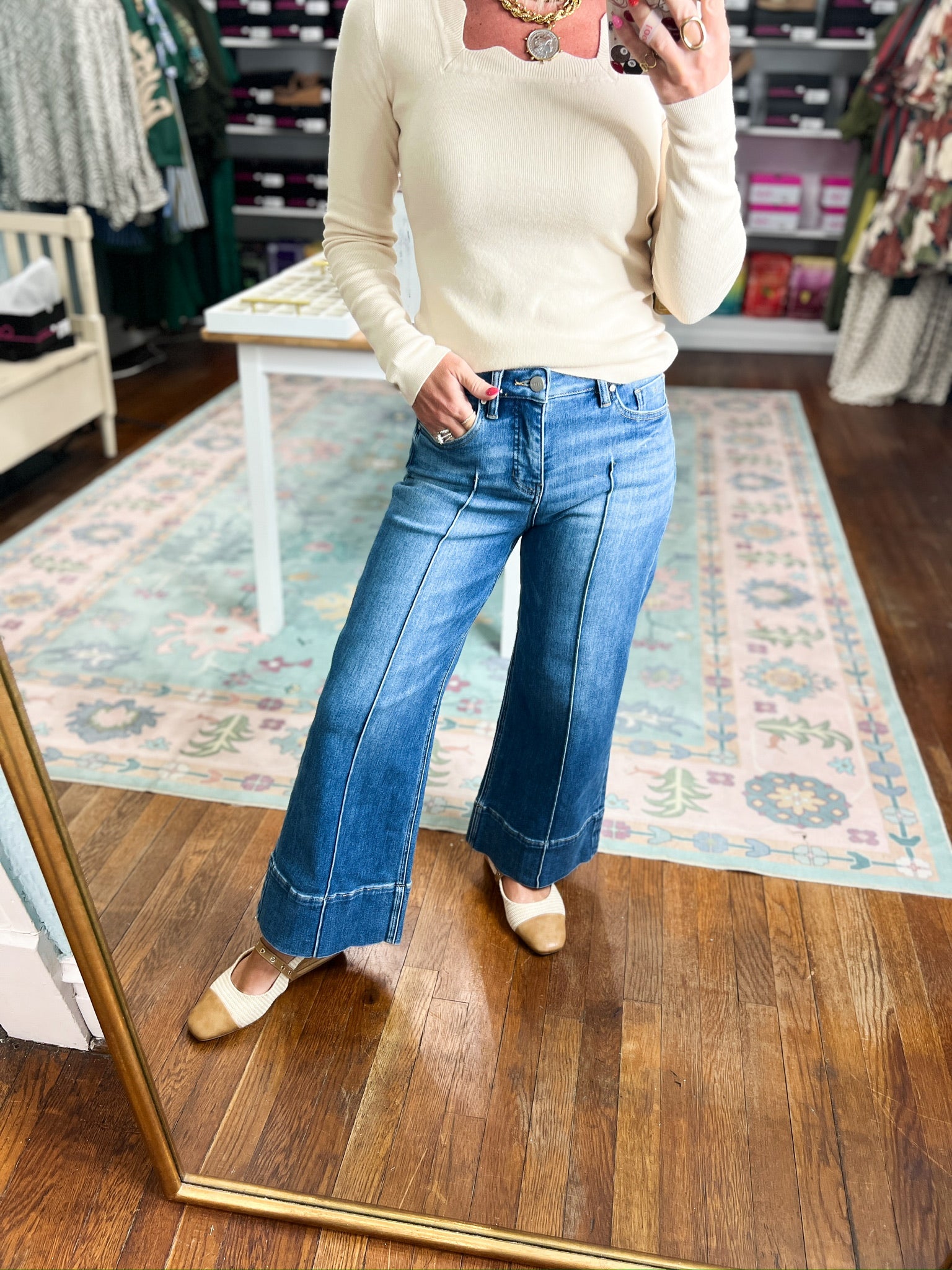 Risen| Mid Rise Crop Wide Pintuck Front Jeans - Medium