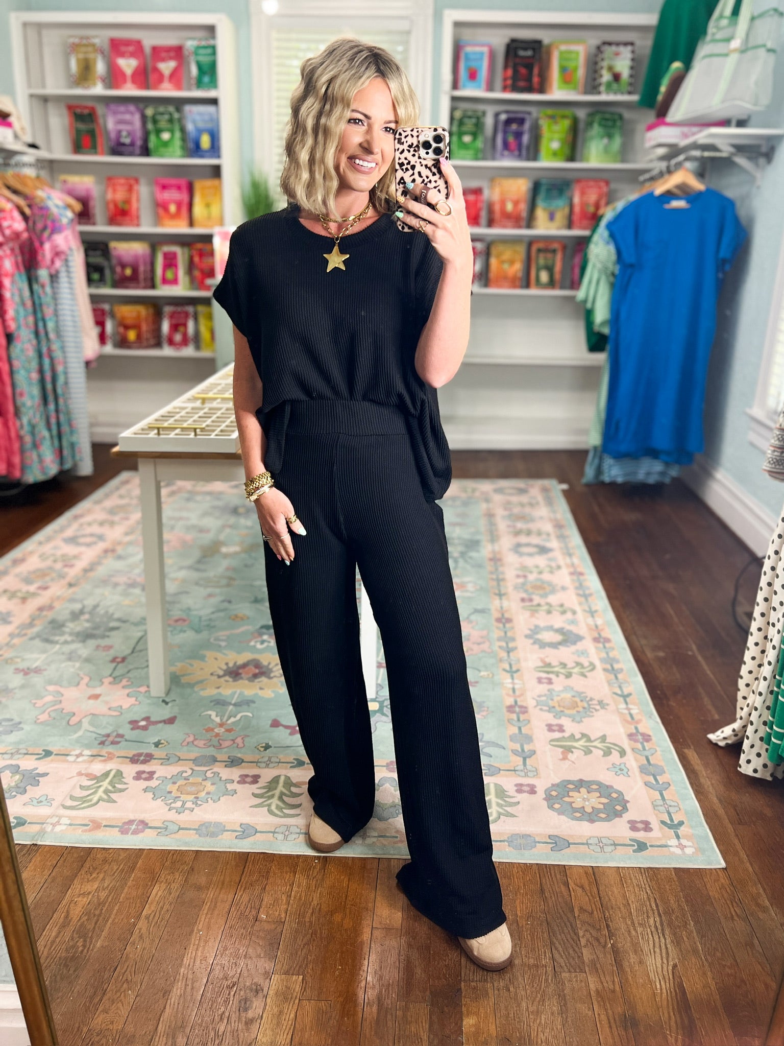 All Day Ease Ribbed Top and Pants Set - Black