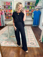 All Day Ease Ribbed Top and Pants Set - Black