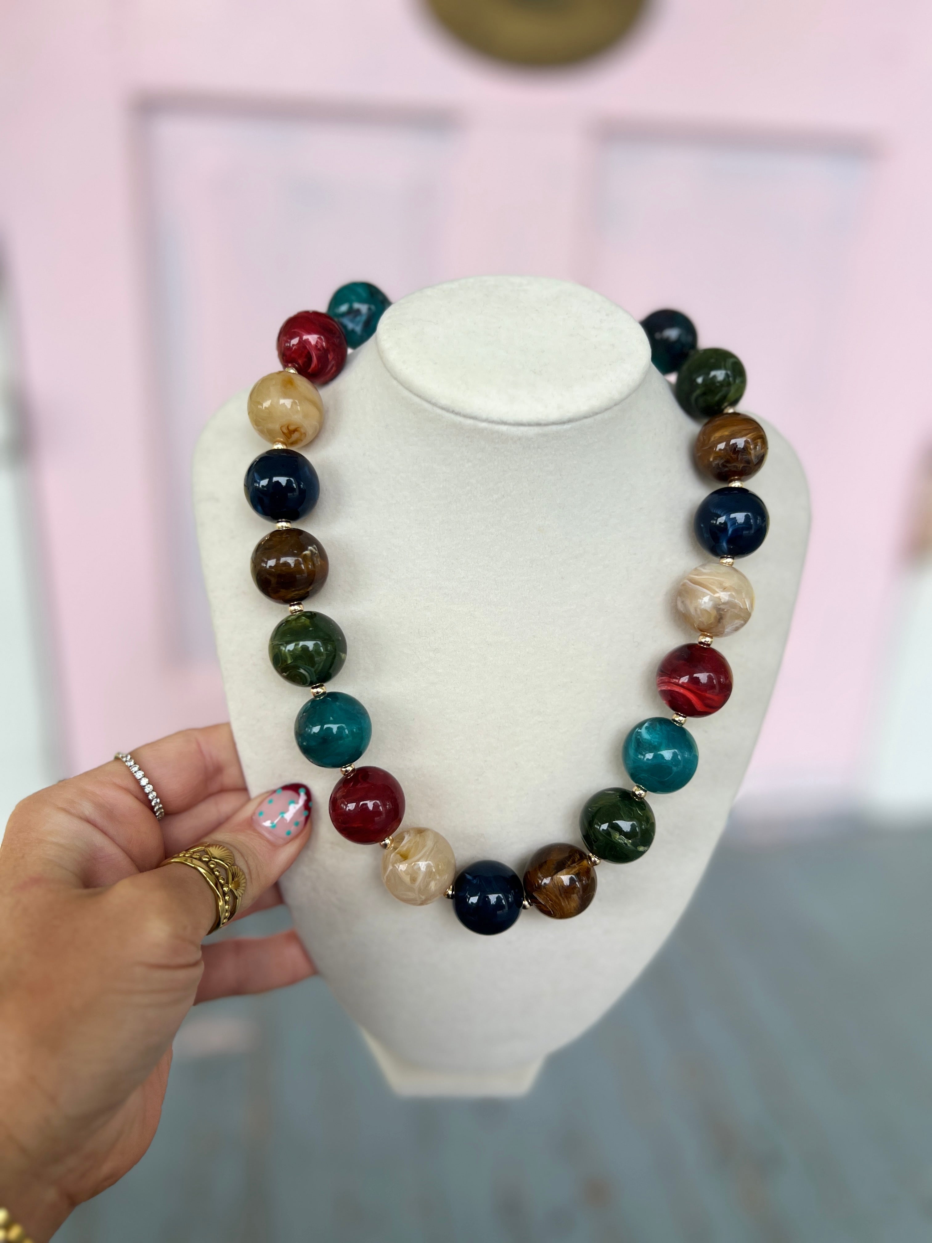 Marble Bead and CCB Ball Necklace - Multi