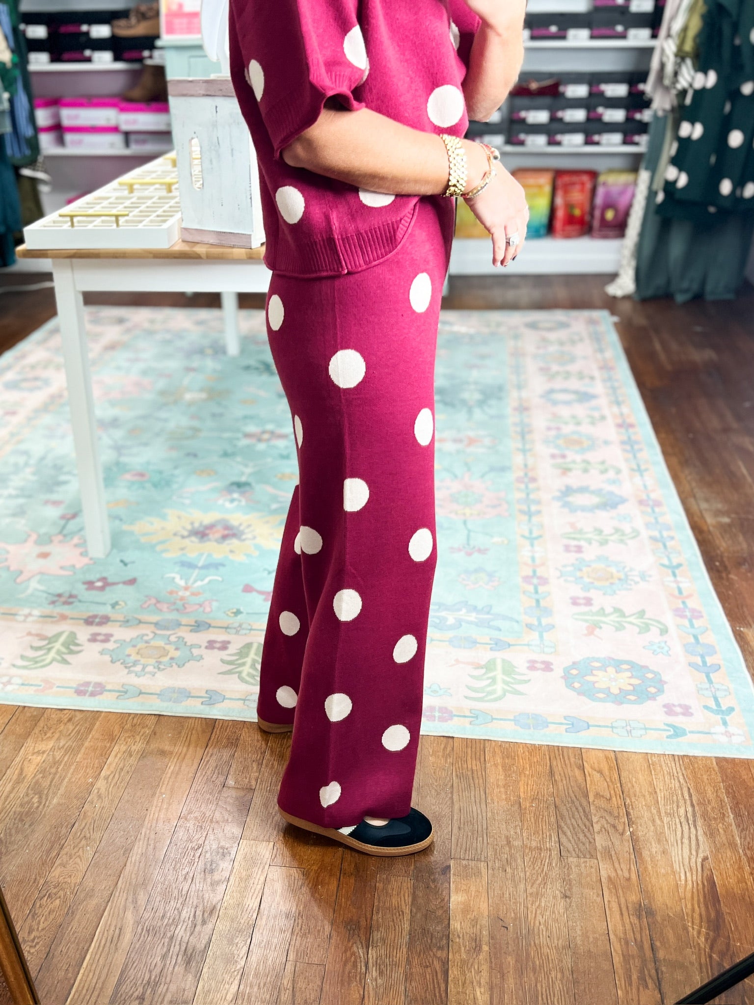 Polka Party Knit PANTS - Burgundy