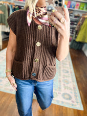 Chocolate brown rib-knit sweater vest with button front and chest buttons