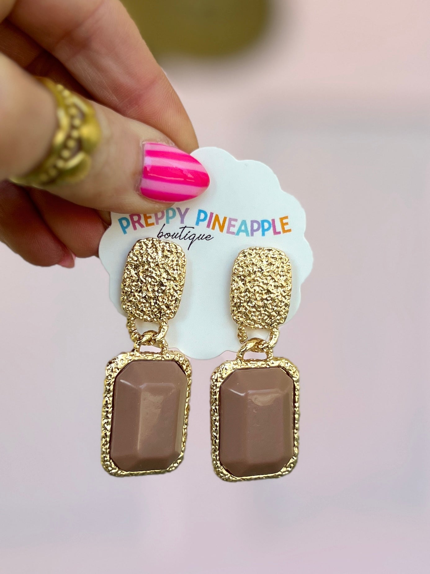 Octagon Stone and Geo Rectangular Earrings - Brown/Gold