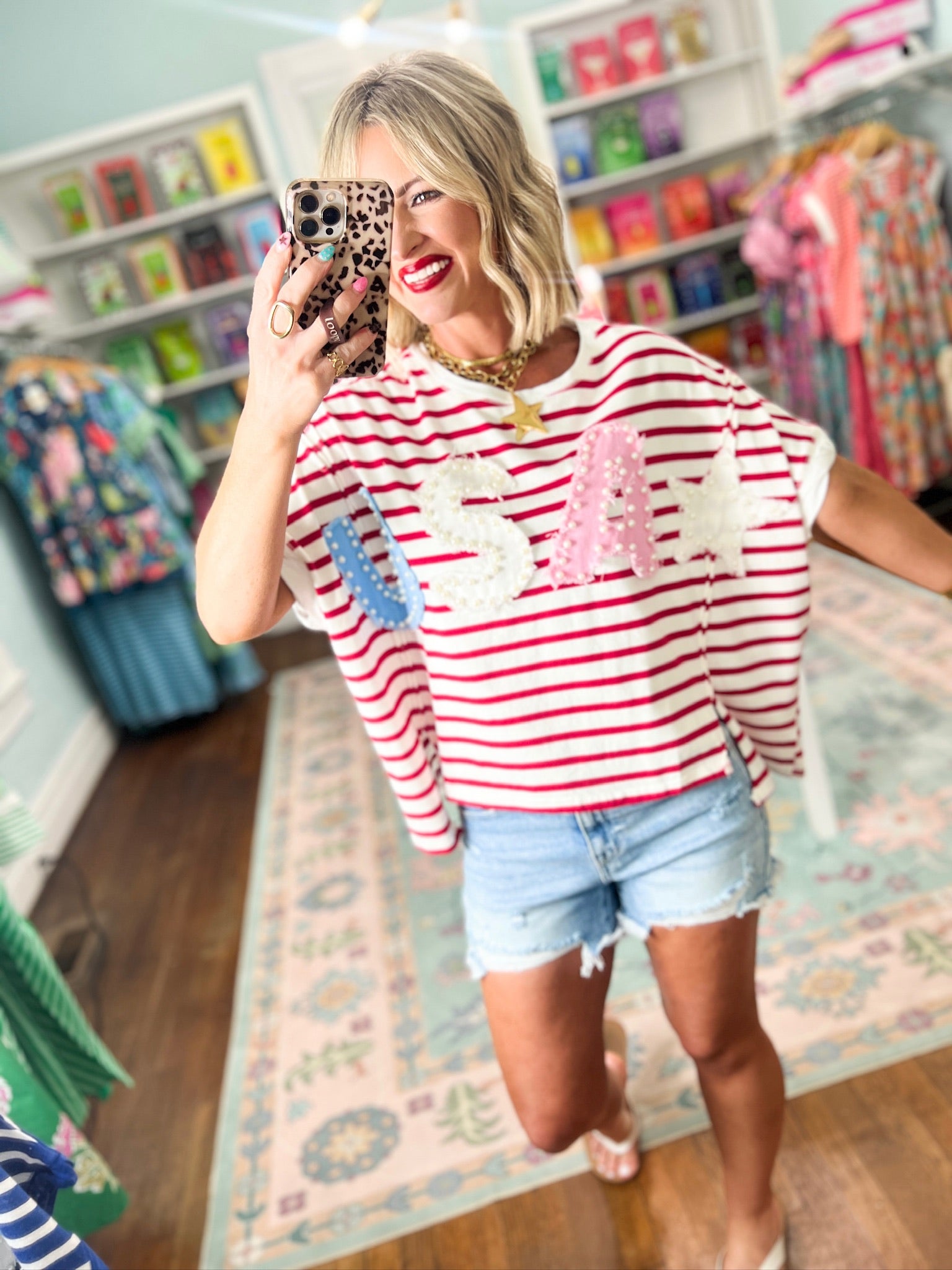 Freedom and Pearls Stripe Top - Red/Ivory