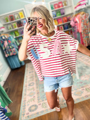 Freedom and Pearls Stripe Top - Red/Ivory