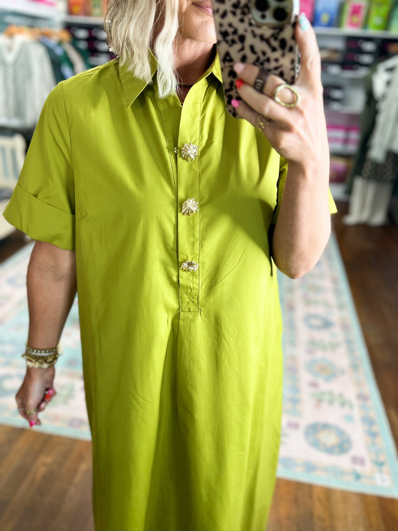 Martini olive midi shirt dress with short sleeves, collar, and button front