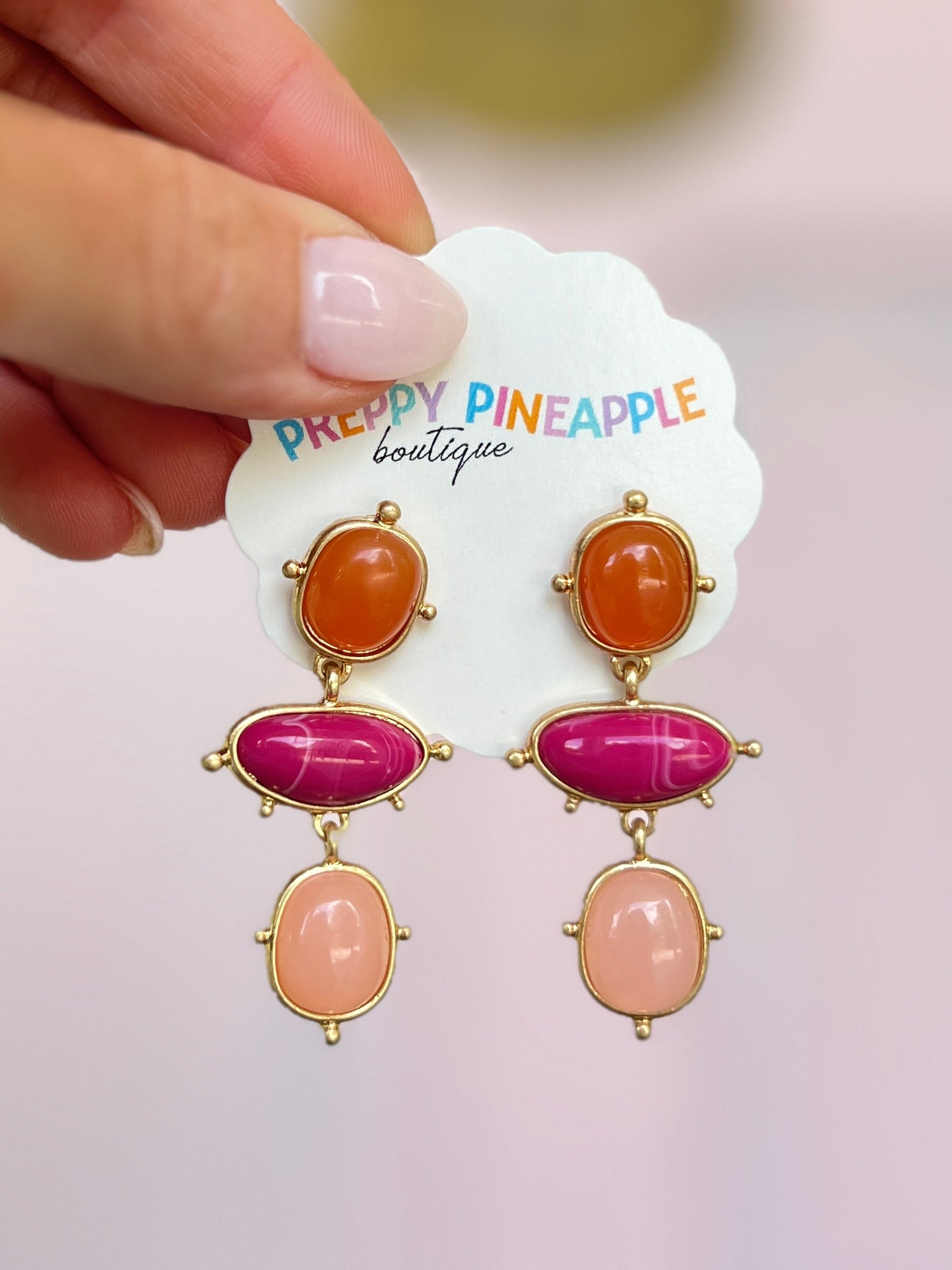 Oval Multi Stone Drop Earrings - Hot Pink/Gold