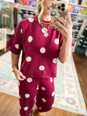 Polka Party Sweater TOP - Burgundy