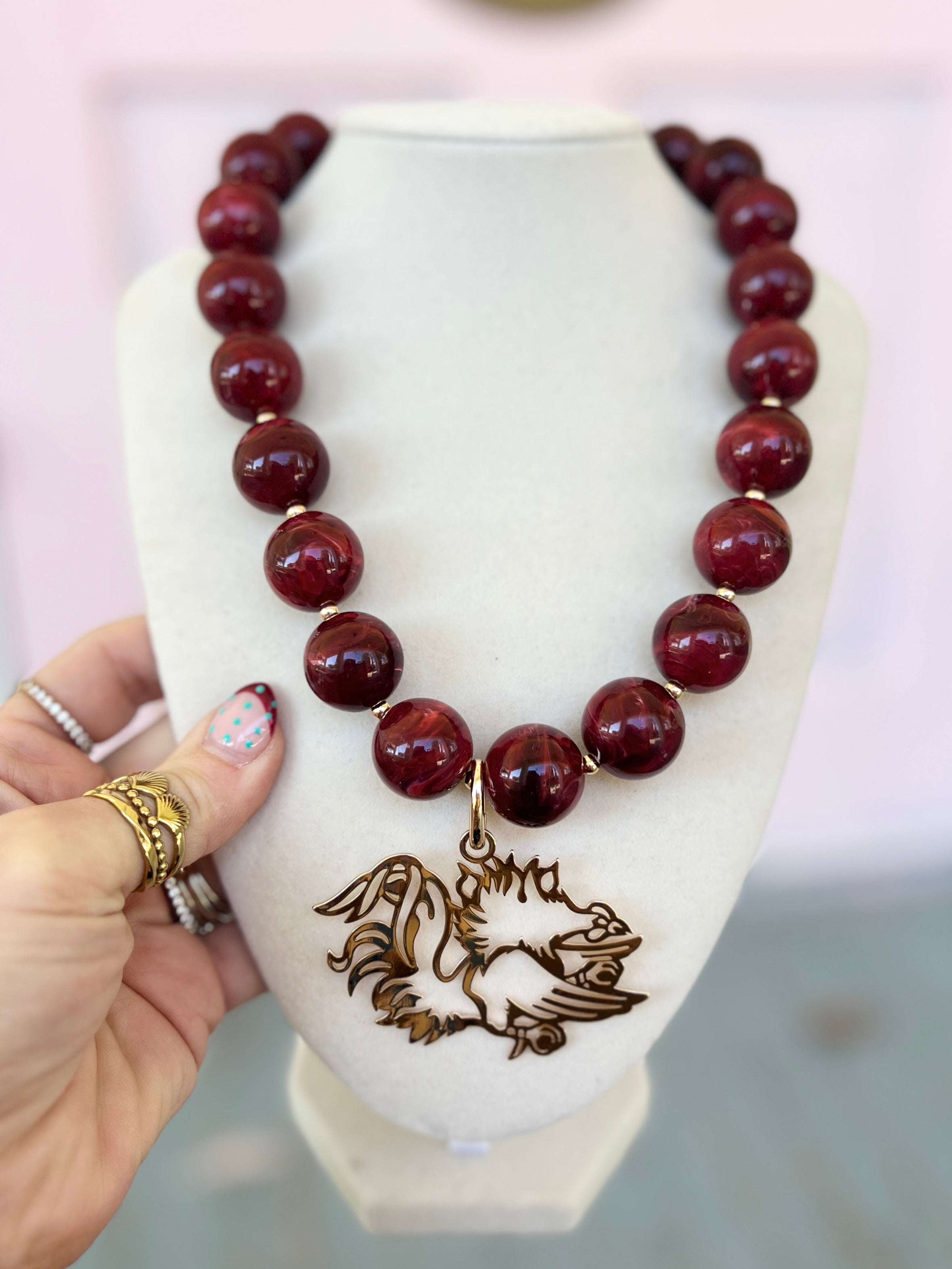 Burgundy acrylic marble bead necklace with Gamecock rooster pendant
