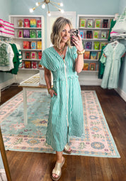 Seaside Striped Zip Midi Dress - Green