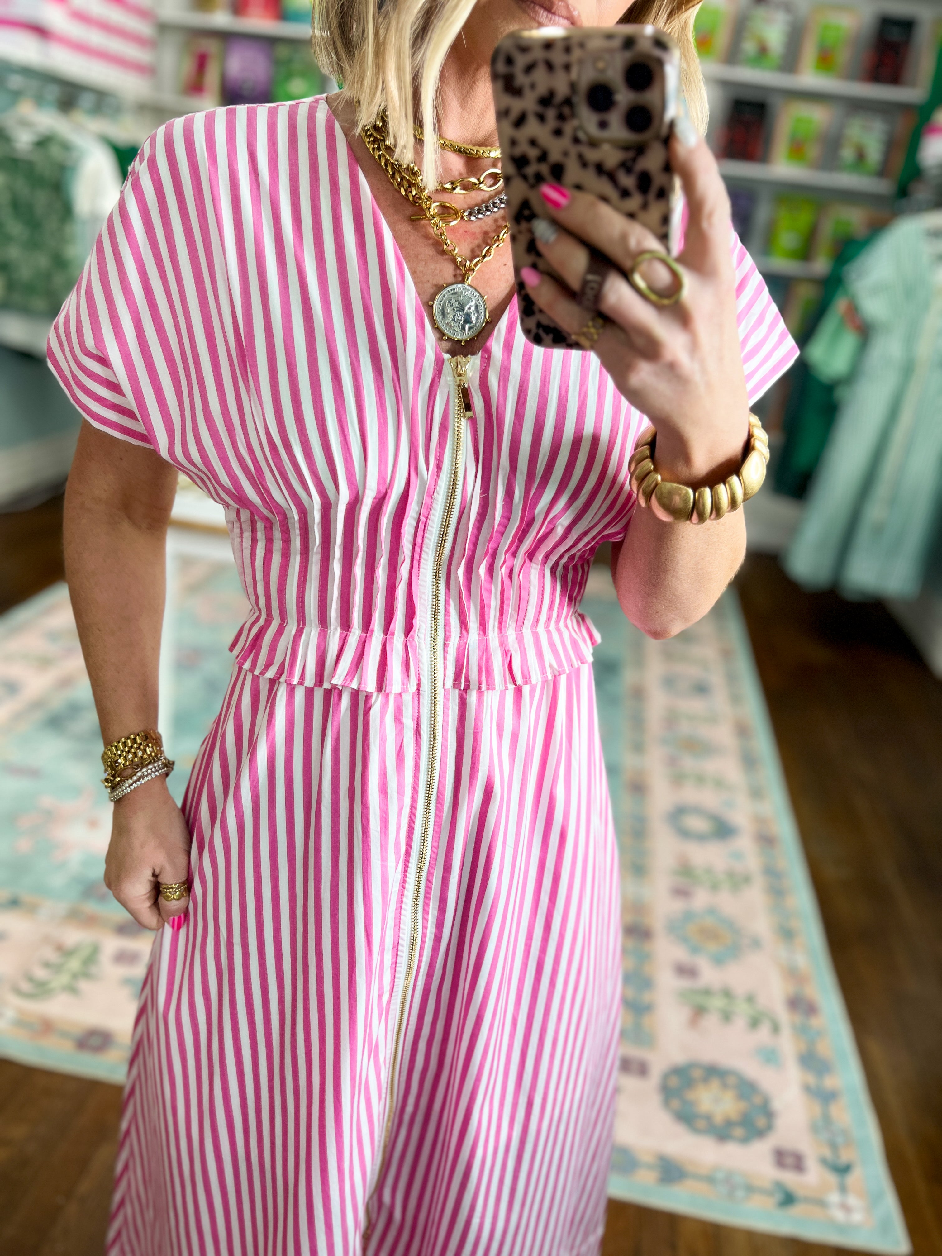 Seaside Striped Zip Midi Dress - Pink