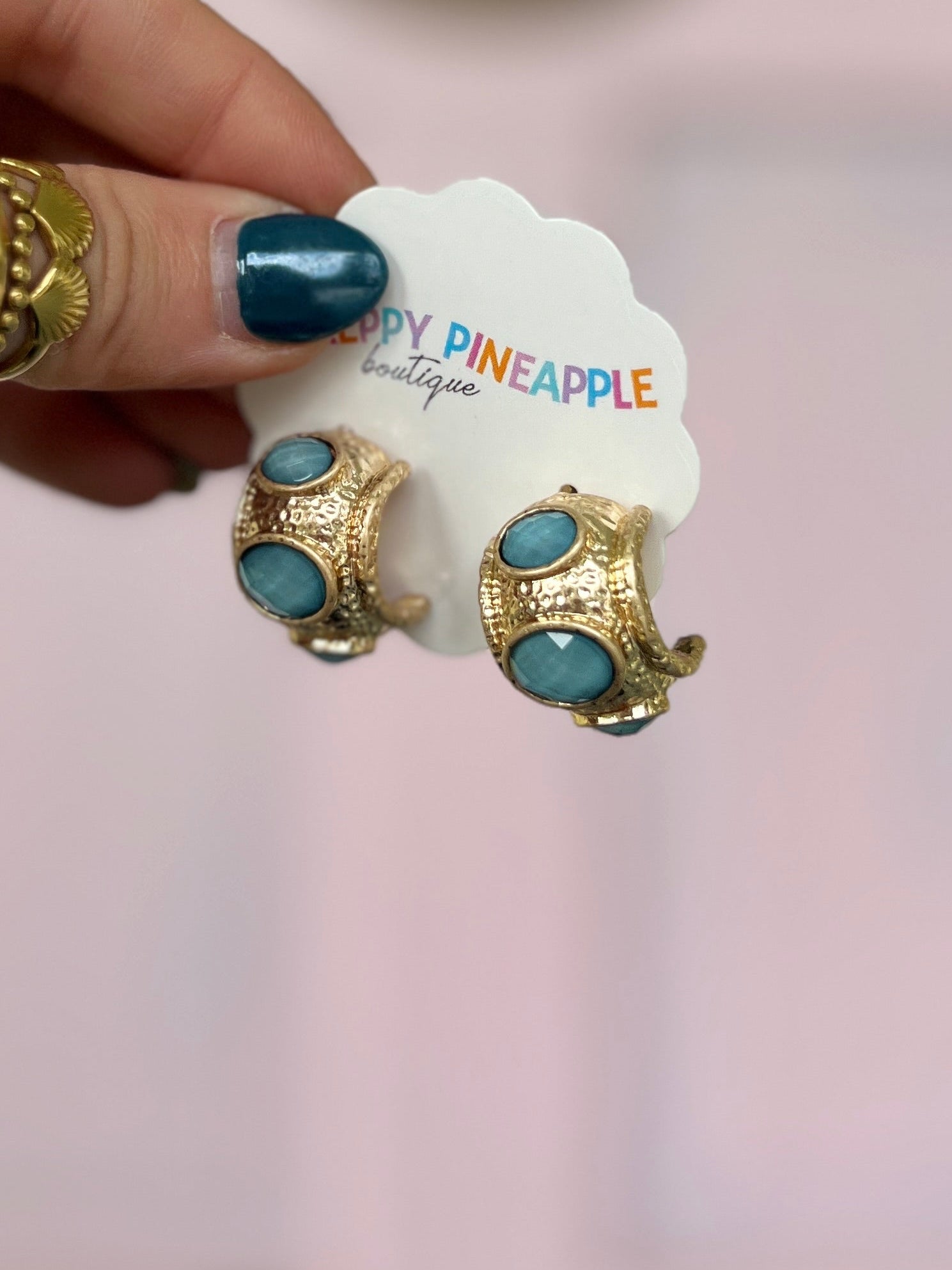 Antique Bold Faceted Stone Hoops - Teal/Gold
