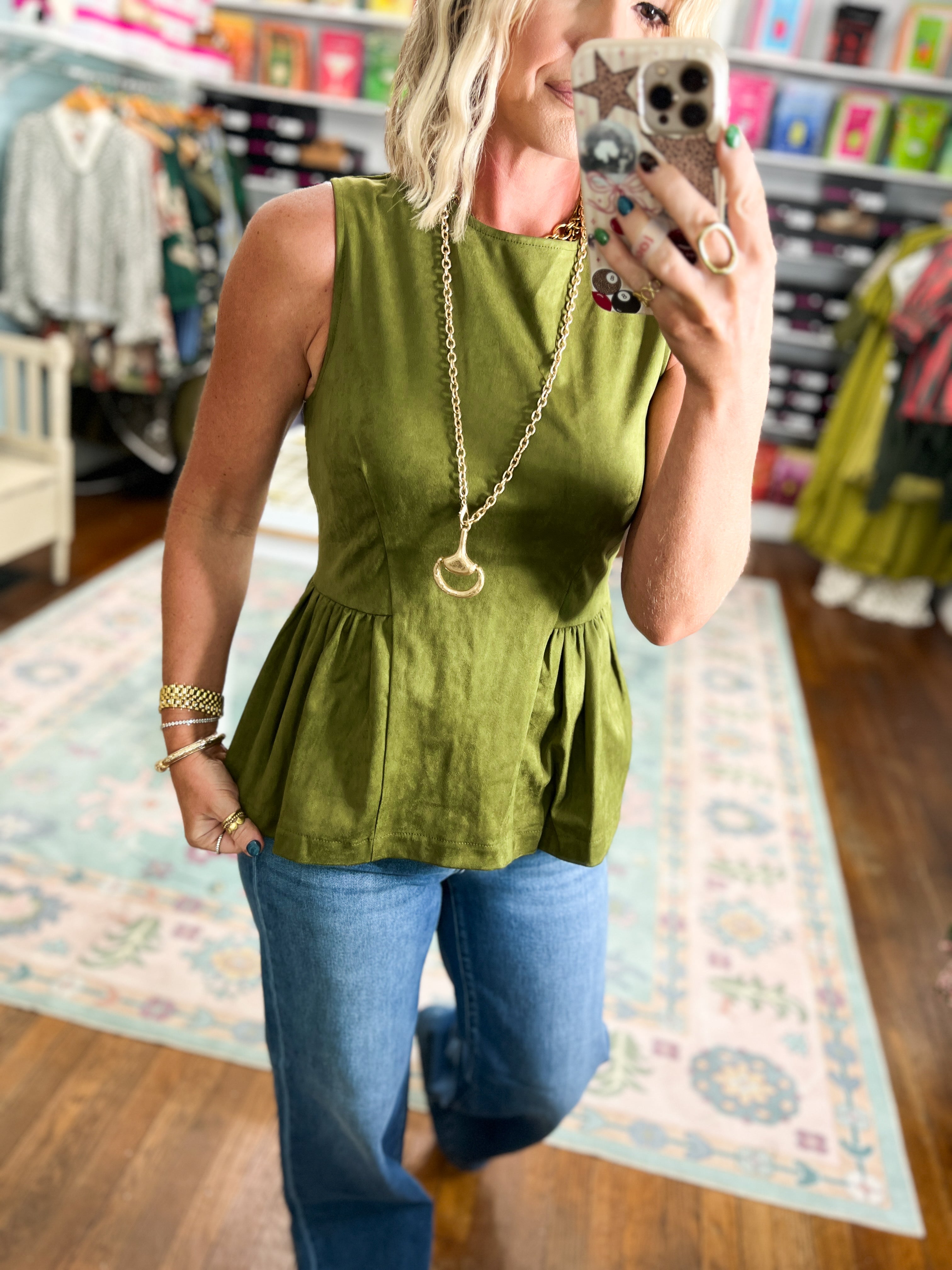 Make My Day Sleeveless Peplum Top - Olive