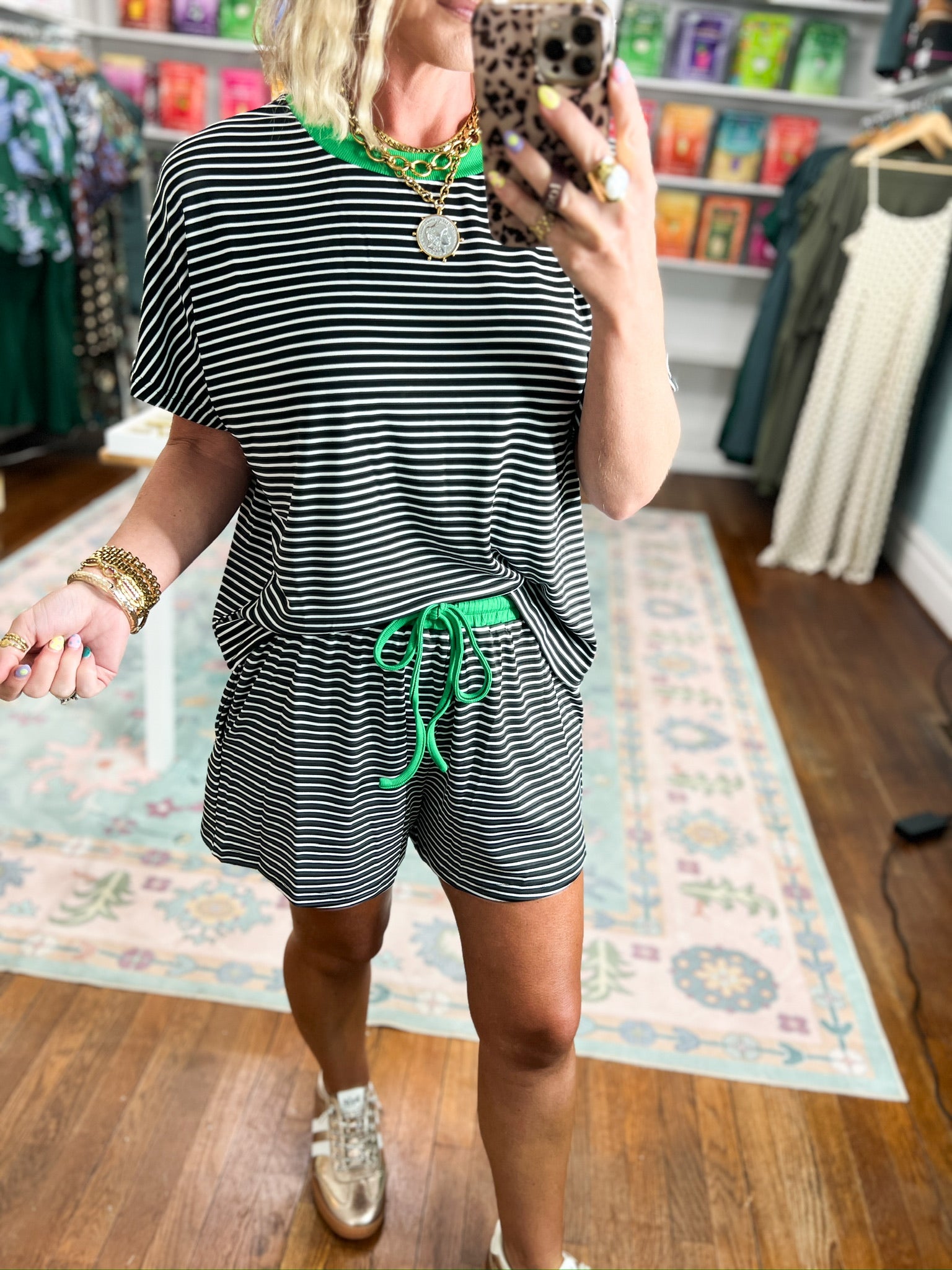 New Days Striped Knit Top and Shorts Set - Black/Green