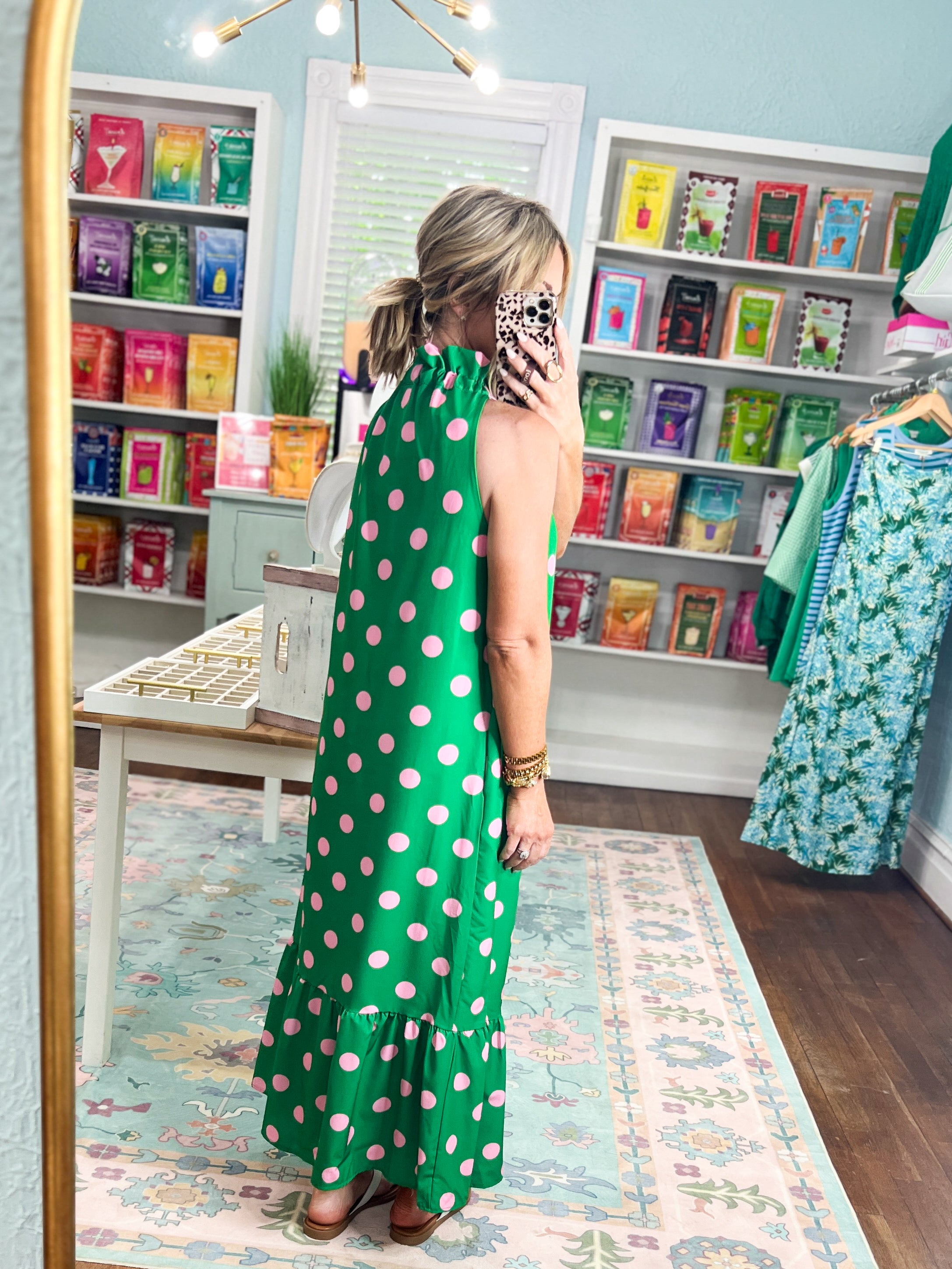 Pretty in Polka Maxi Dress - Green/Pink