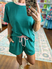 New Days Striped Knit Top and Shorts Set - Teal/Blush