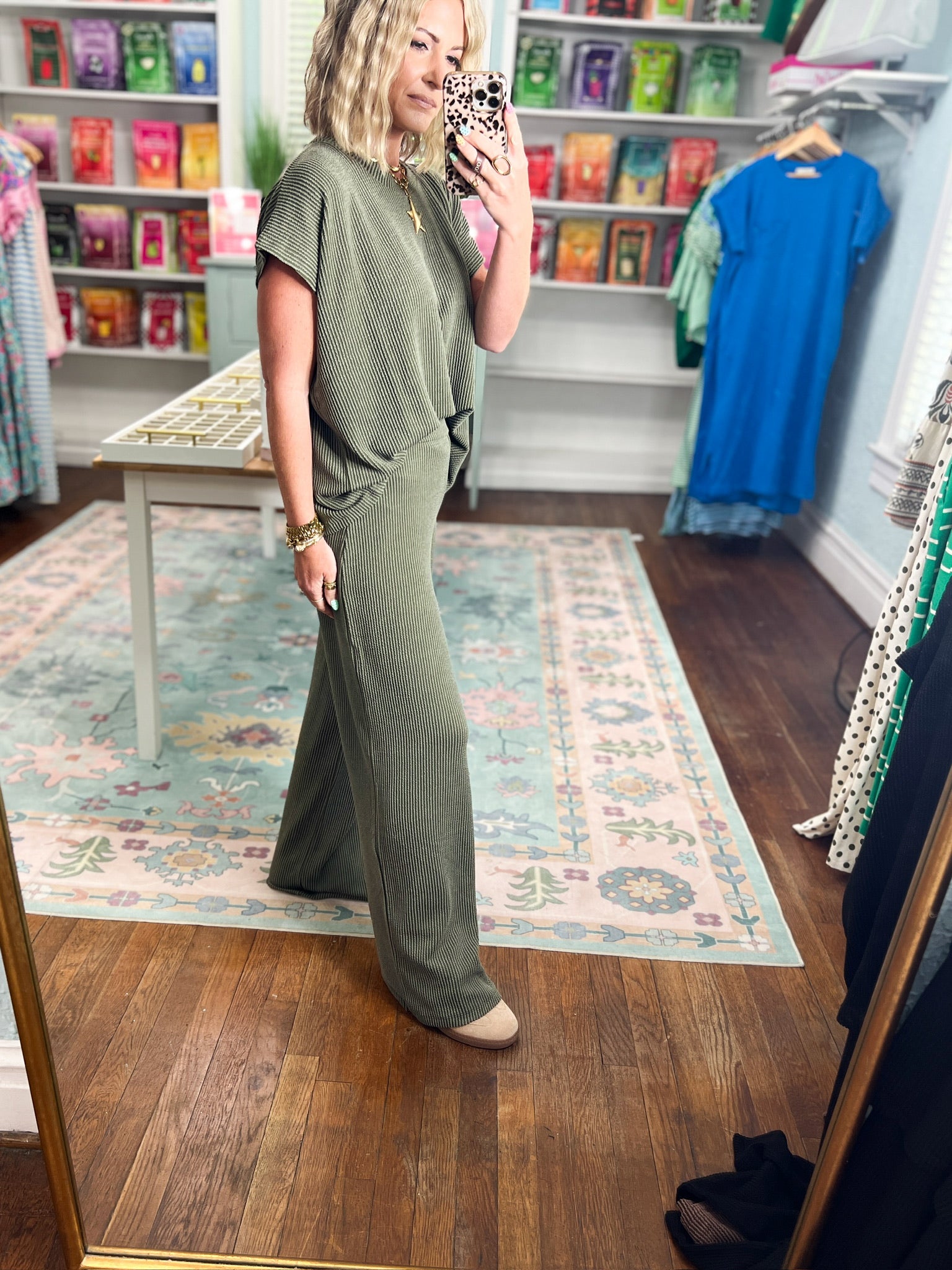 All Day Ease Ribbed Top and Pants Set - Olive