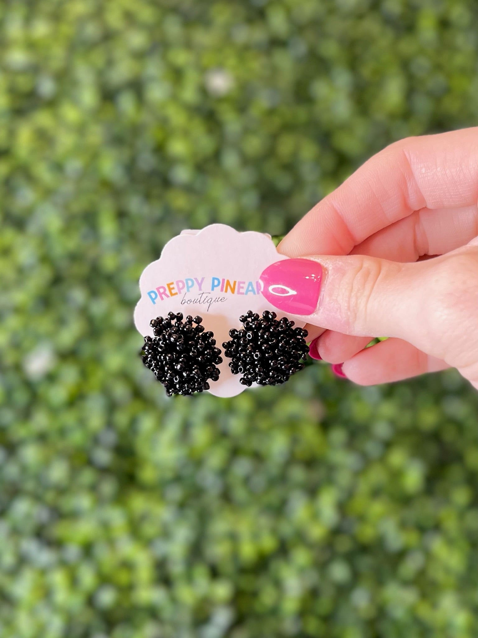 Beaded Pom Pom Earrings - Black