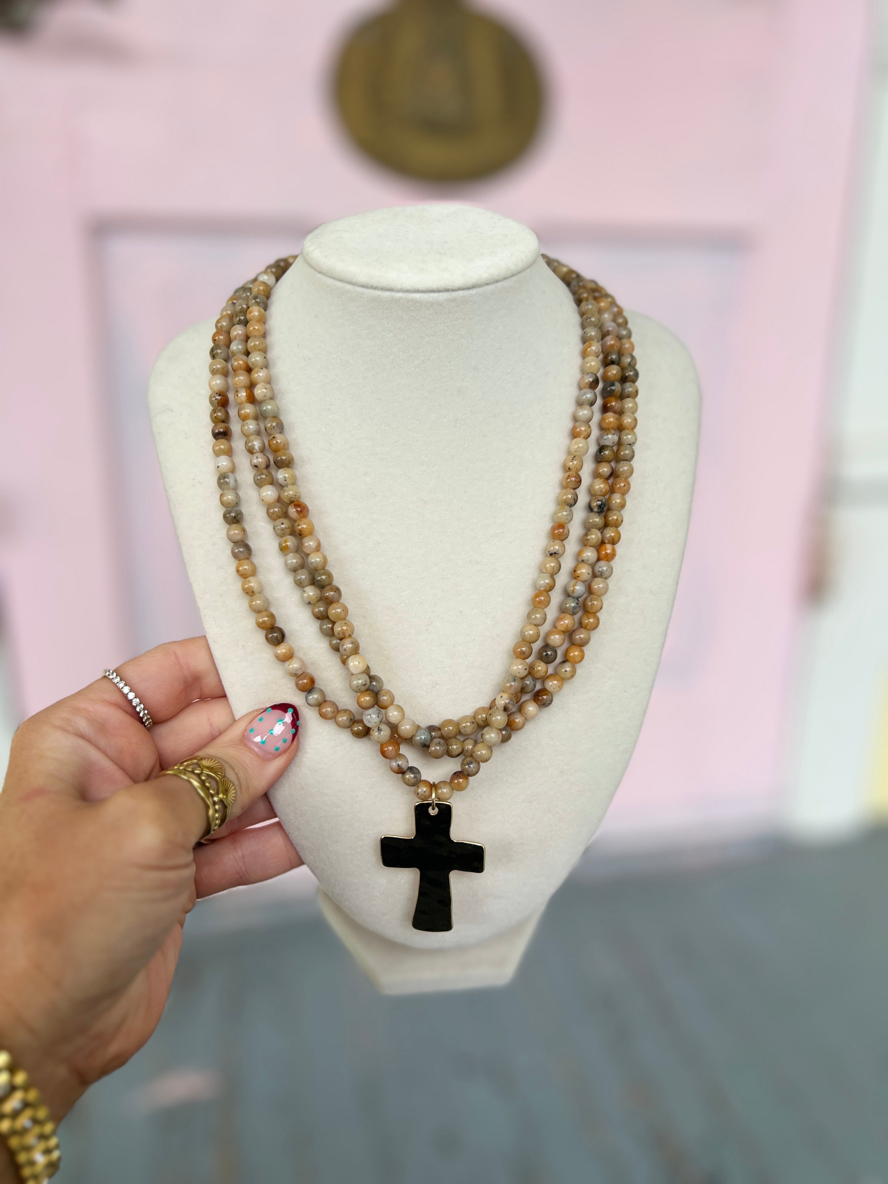 Cross Pendant Layered Beaded Necklace - Beige/Gold