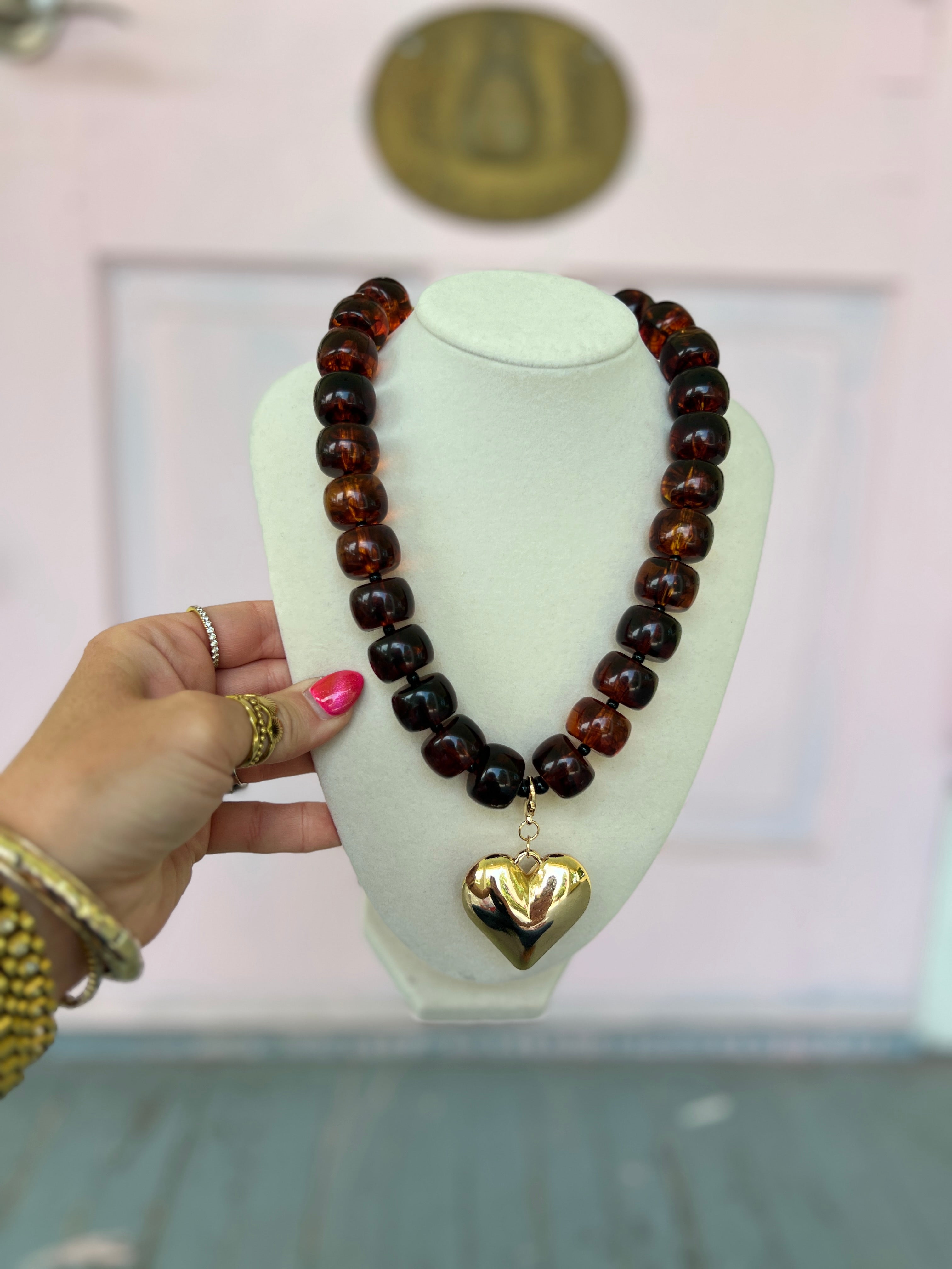 Bold Heart and Acrylic Ball Necklace Set - Tortoise/Gold