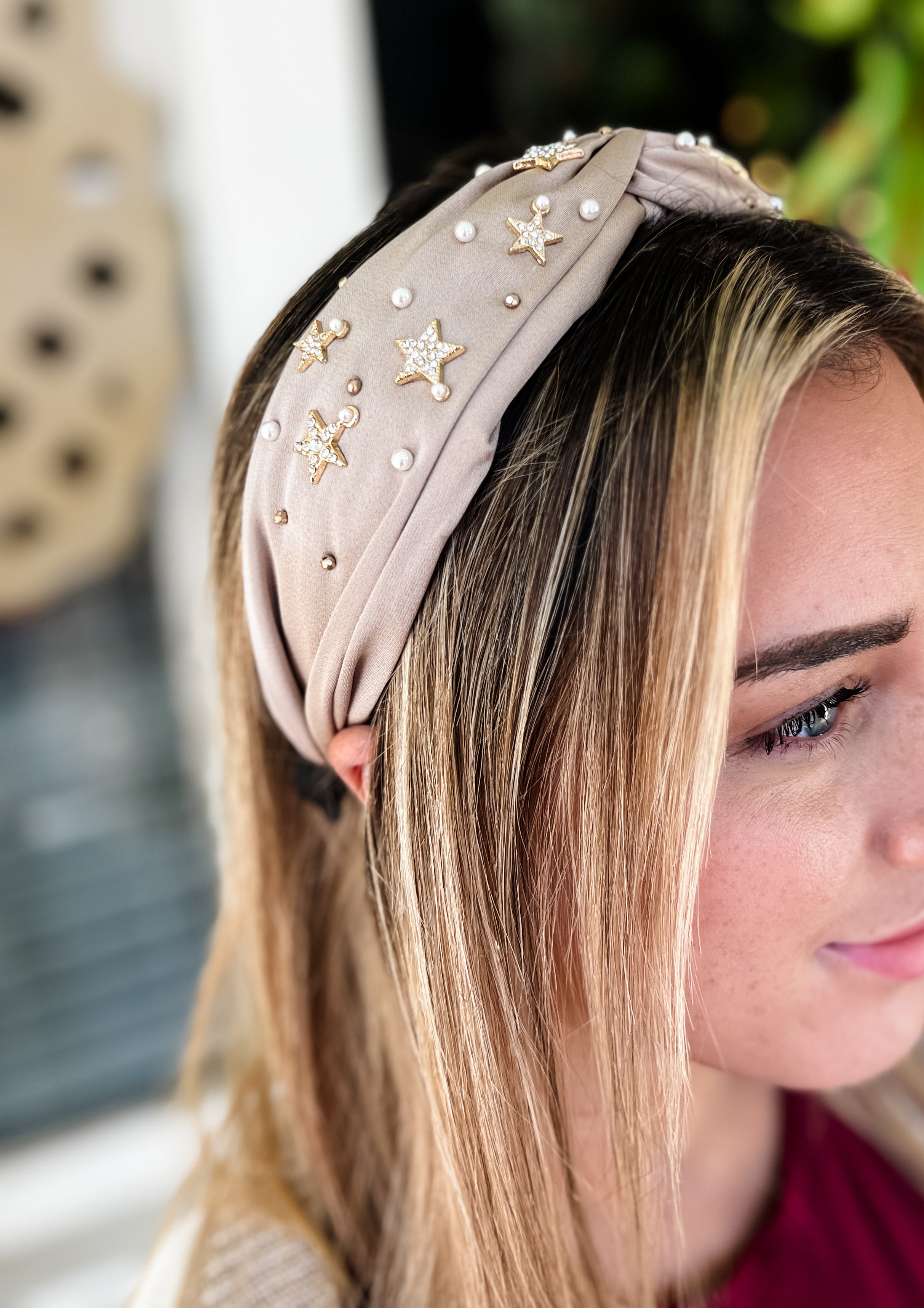 Paved Star & Pearl Headband - Tan