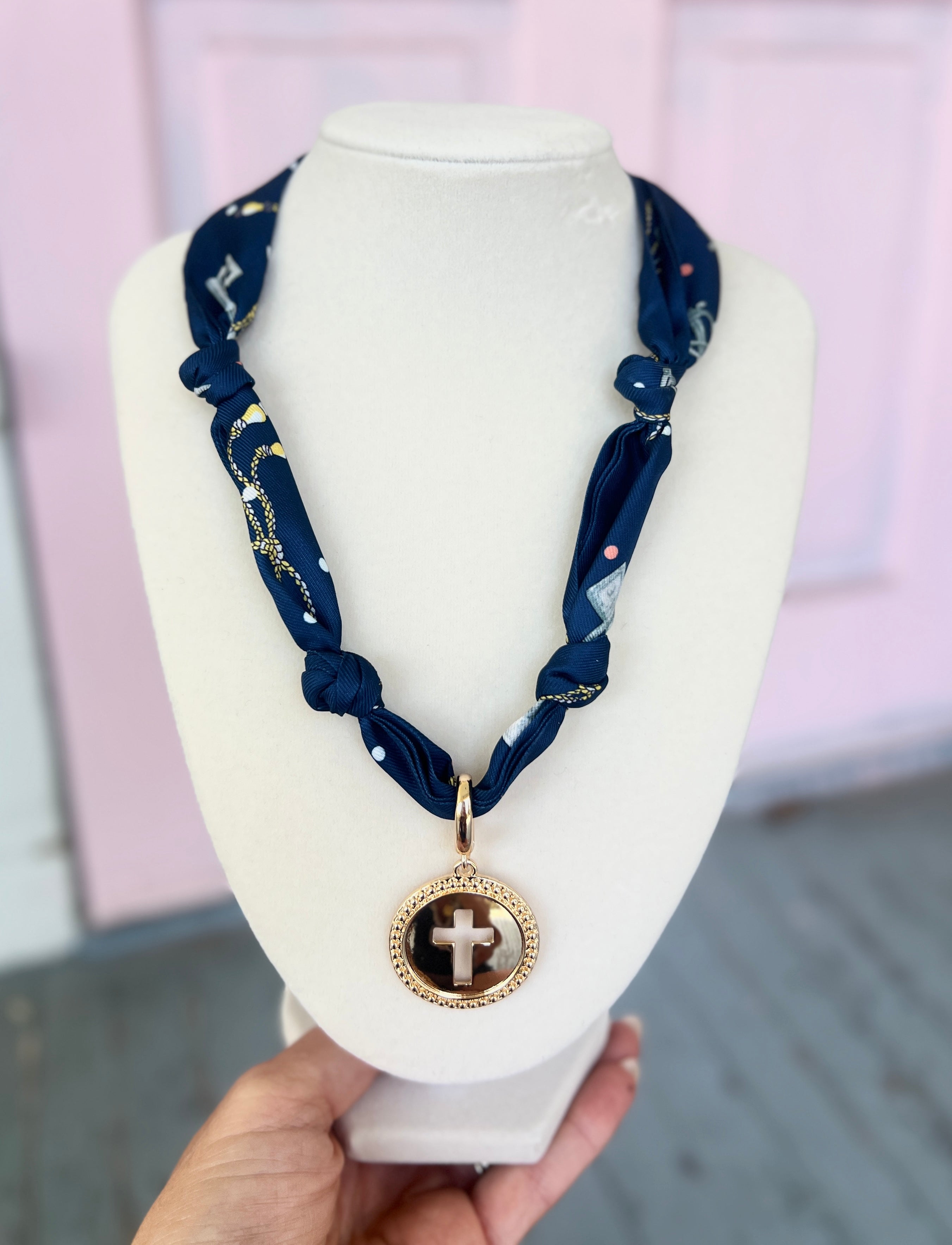 Elodie Cross Coin Scarf Necklace- Navy/Seafoam