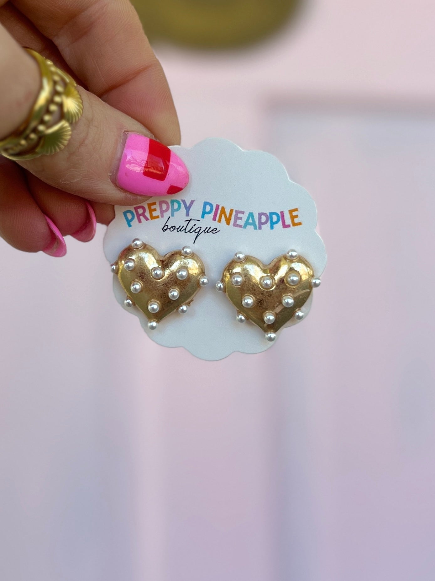 Pearl Deco Metal Heart Earrings