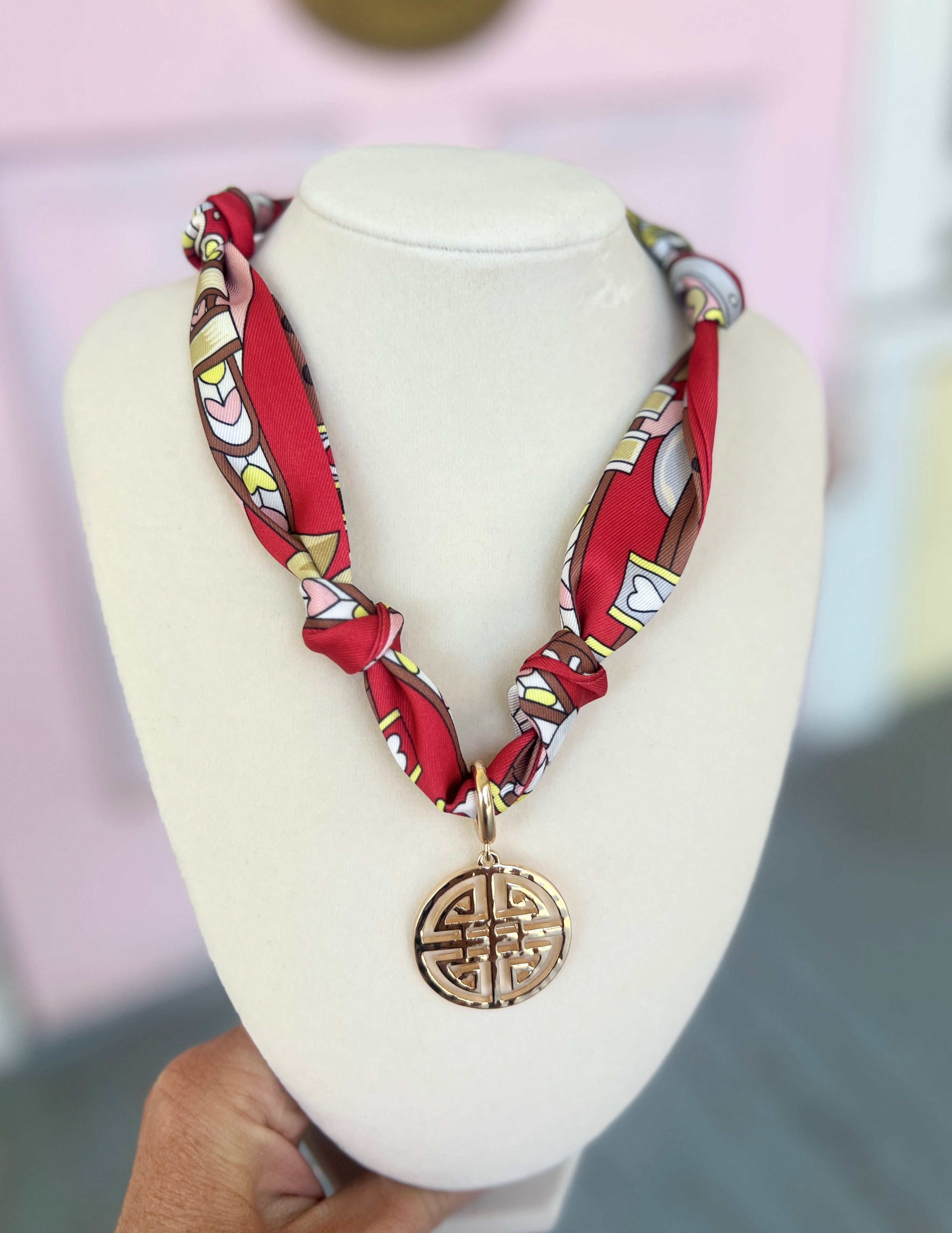 Cora Greek Keys Scarf Necklace - Red/Brown/Yellow