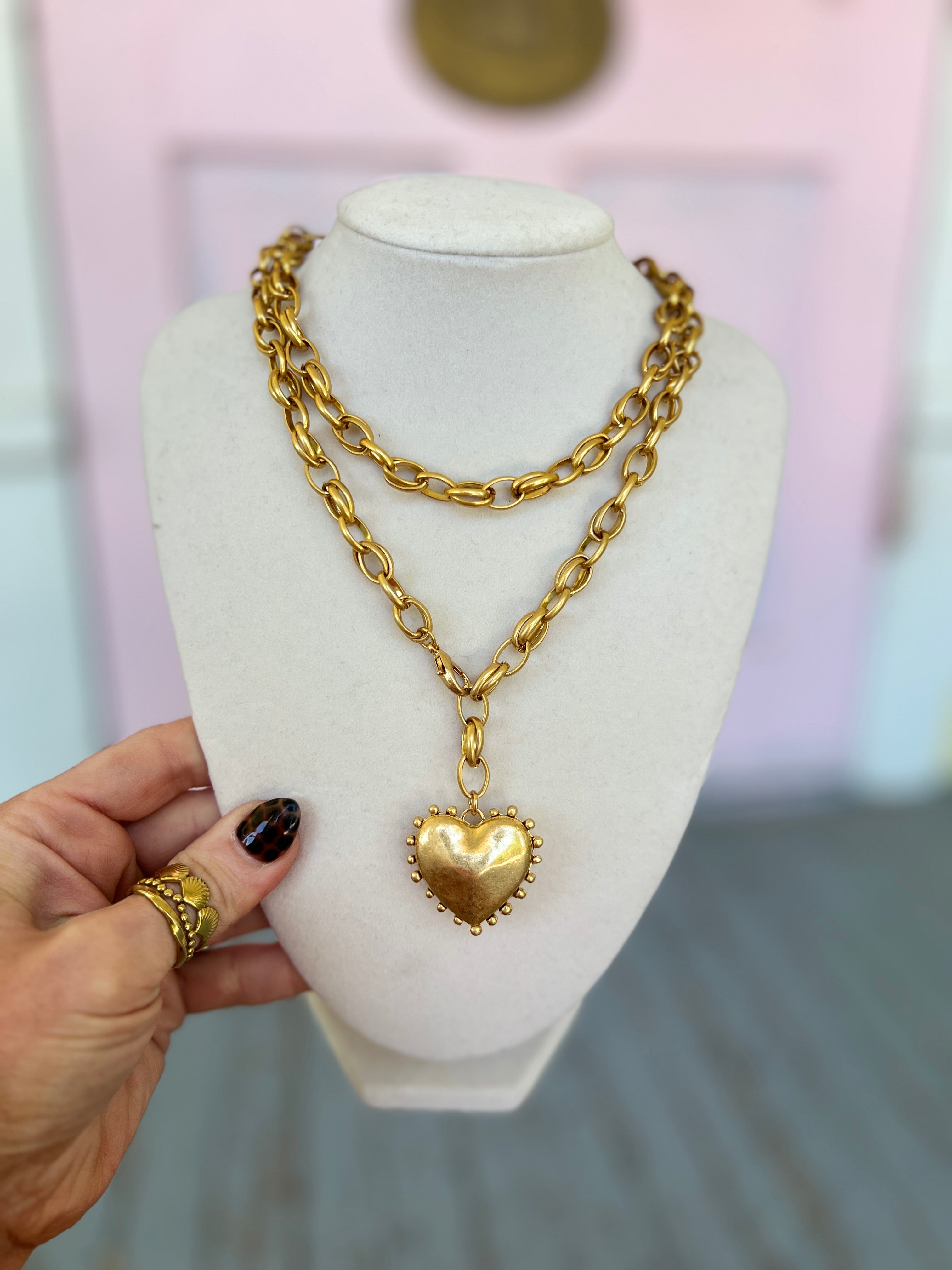 Dotted and Puffy Heart Long Necklace Set