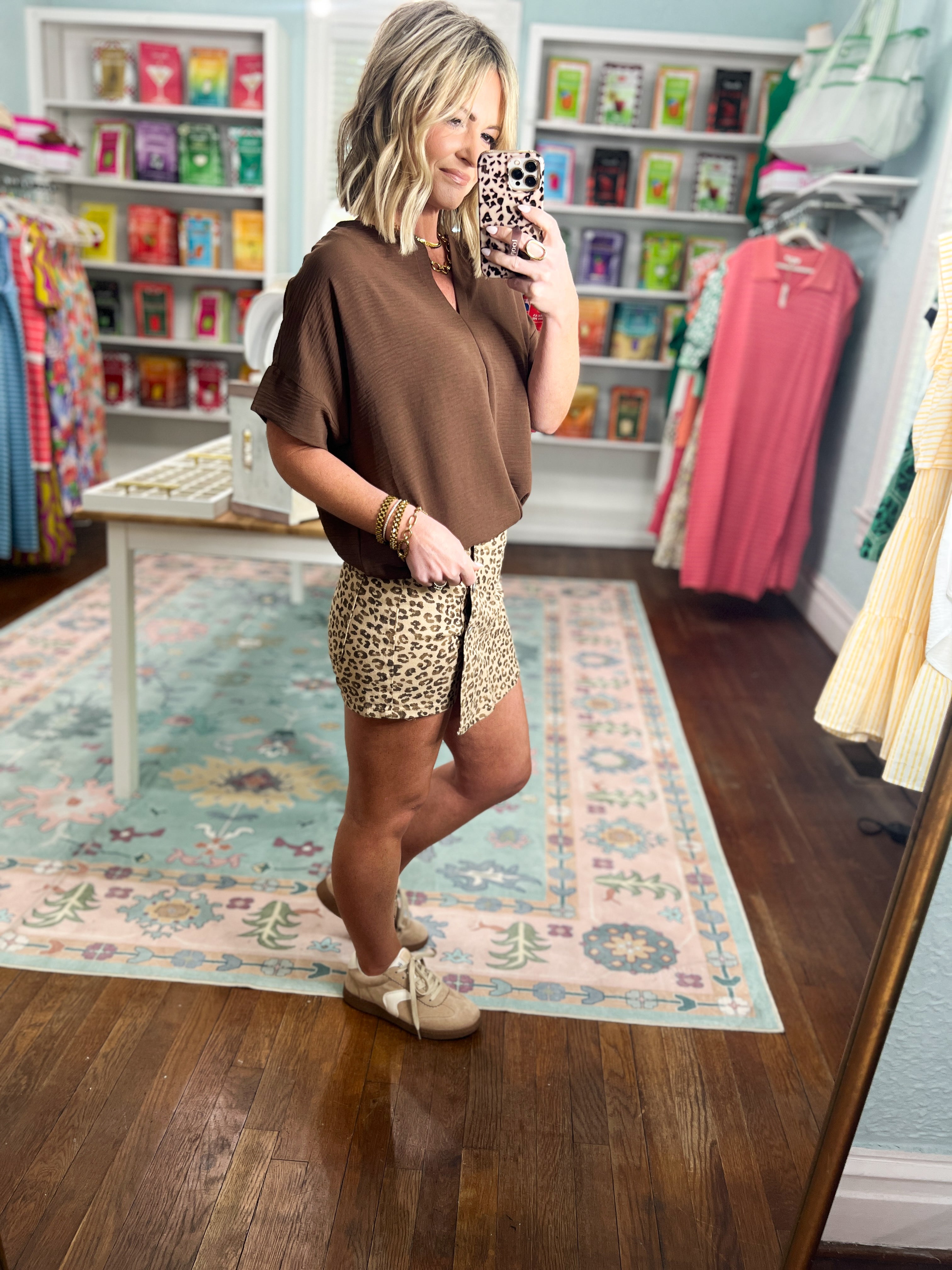 Risen | High Rise Button Down Leopard Skort
