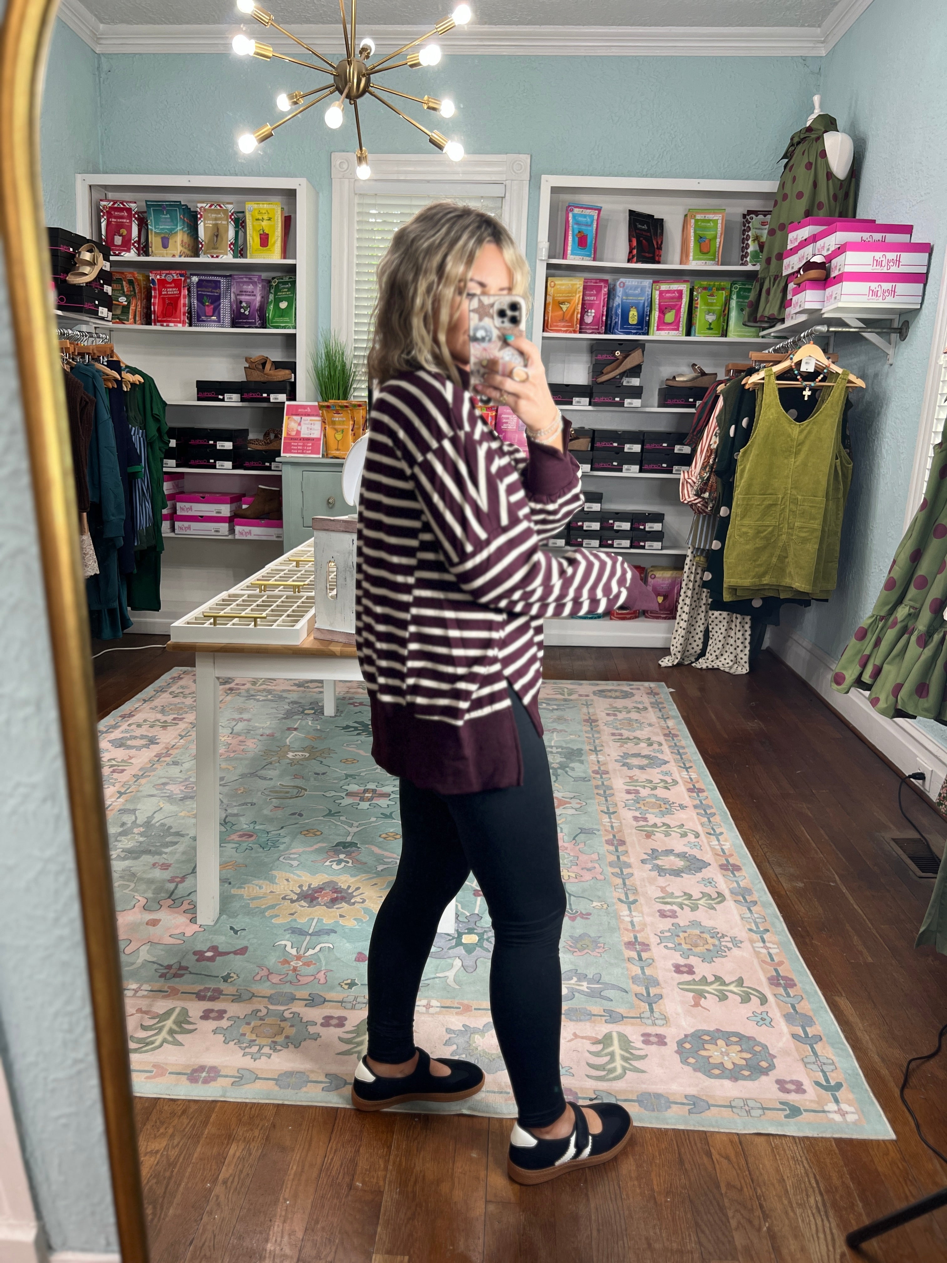One of Those Days Striped Mock Neck Sweatshirt - Raspberry/Ecru