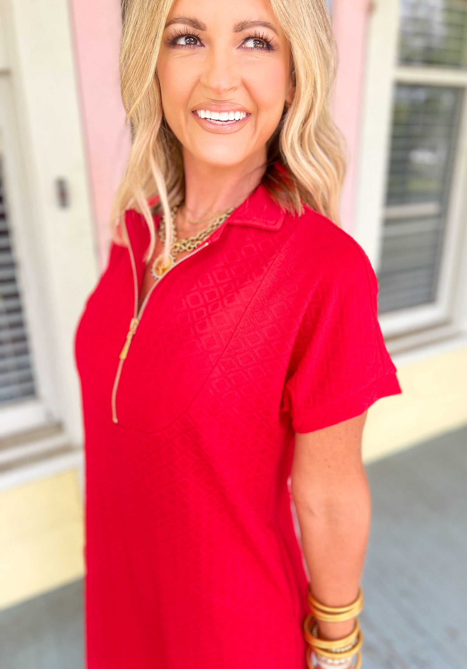 Ezra Textured Zipper Dress- Red