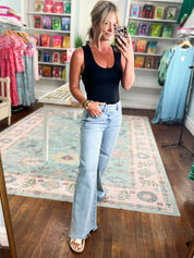 Risen |Tummy Control Low Rise Wide Leg Raw Cut Hem Jeans