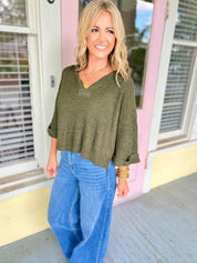 Speak Up Split Neck Sweater - Dk. Olive