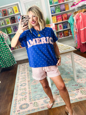 America Patch Polka Dot Knit Top - Blue