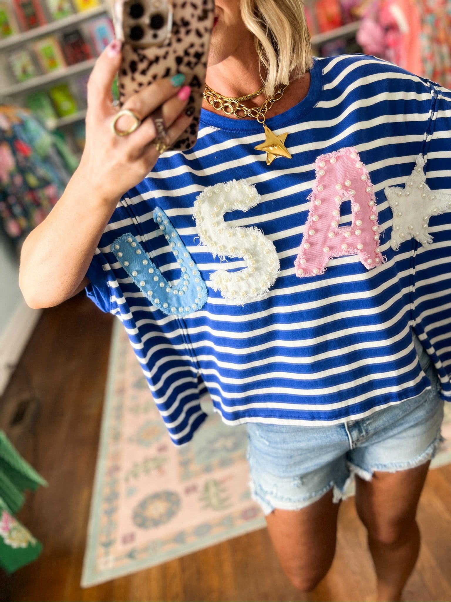 Freedom and Pearls Stripe Top - Blue/Ivory