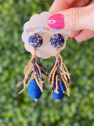 Bead Dome and Tassel Earrings- Blue