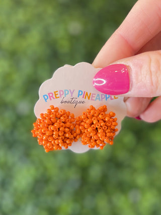 Beaded Pom Pom Earrings - Orange