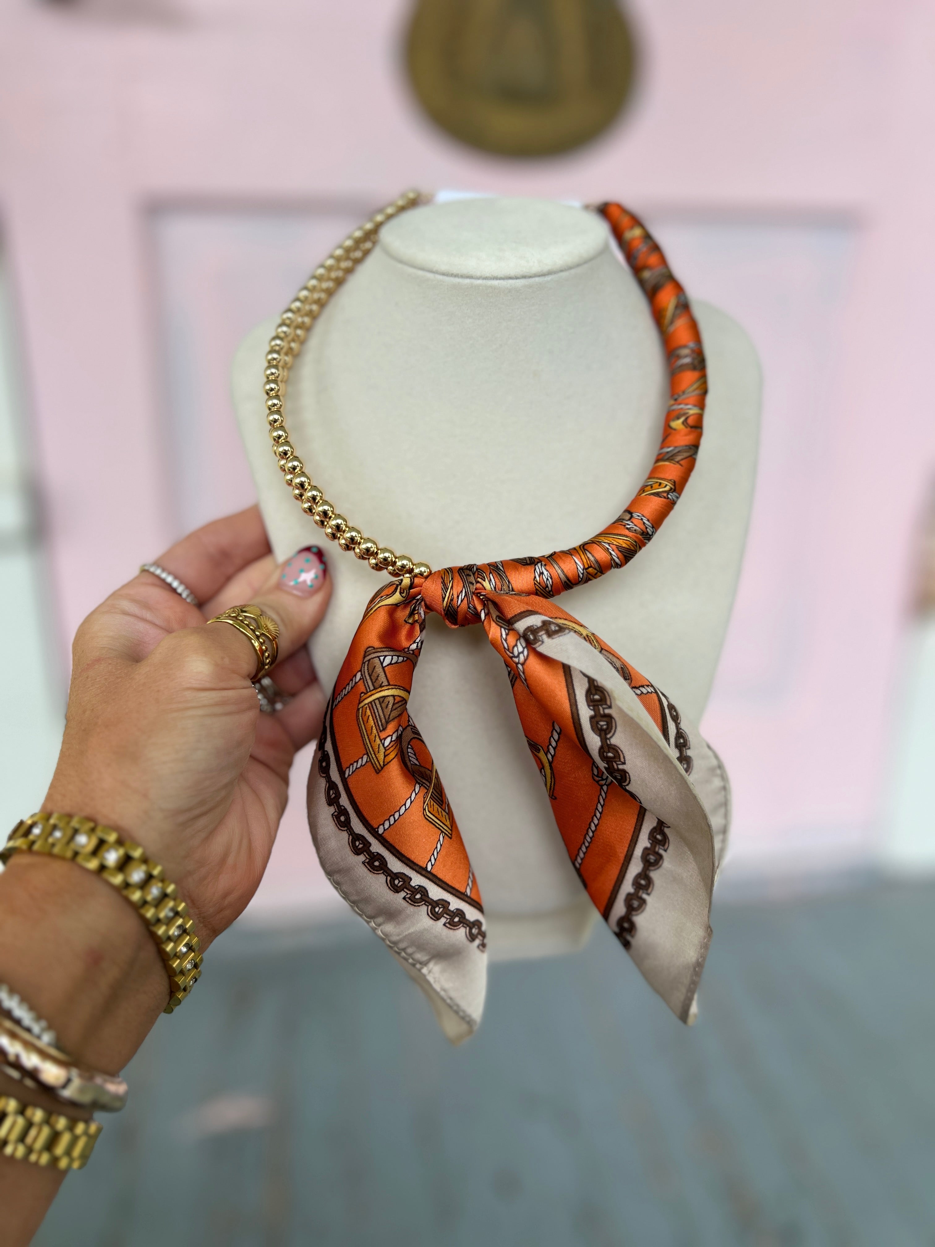 Scarf Wrapped Collar Necklace- Dark Orange