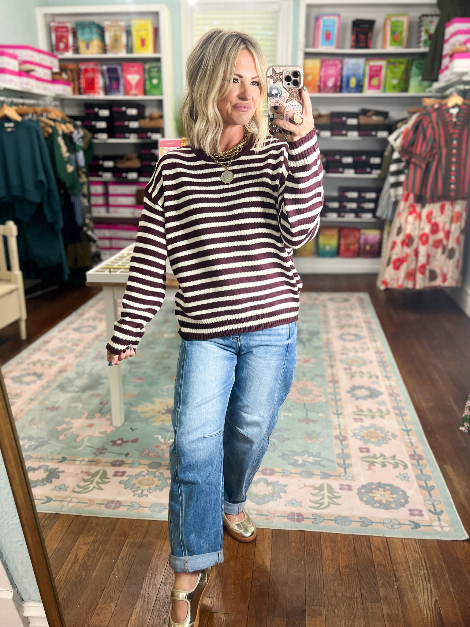 Just Right Striped Crew Neck Sweater - Dk. Cherry