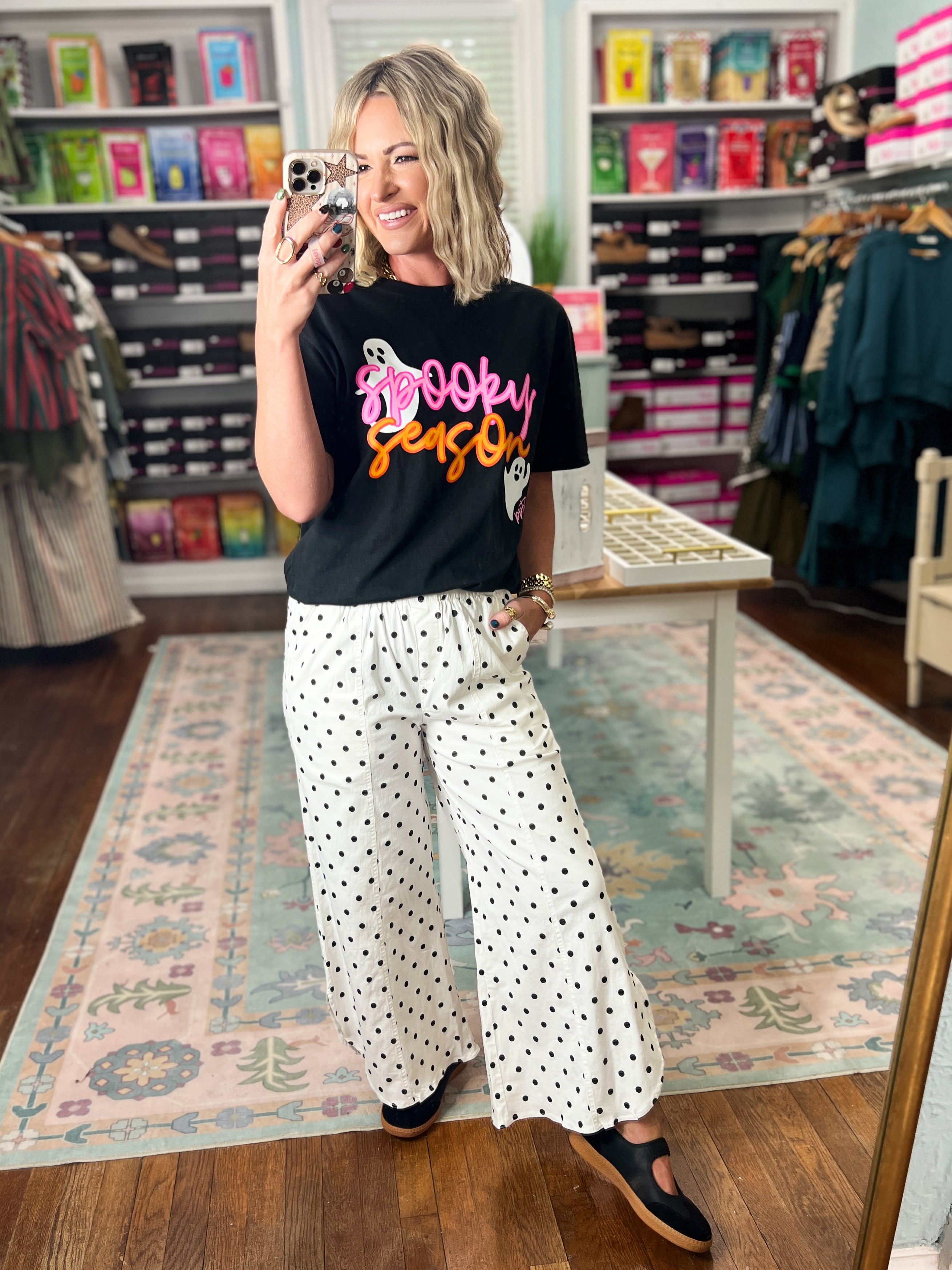 Ivory dot wide-leg pants with relaxed fit and elastic waistband