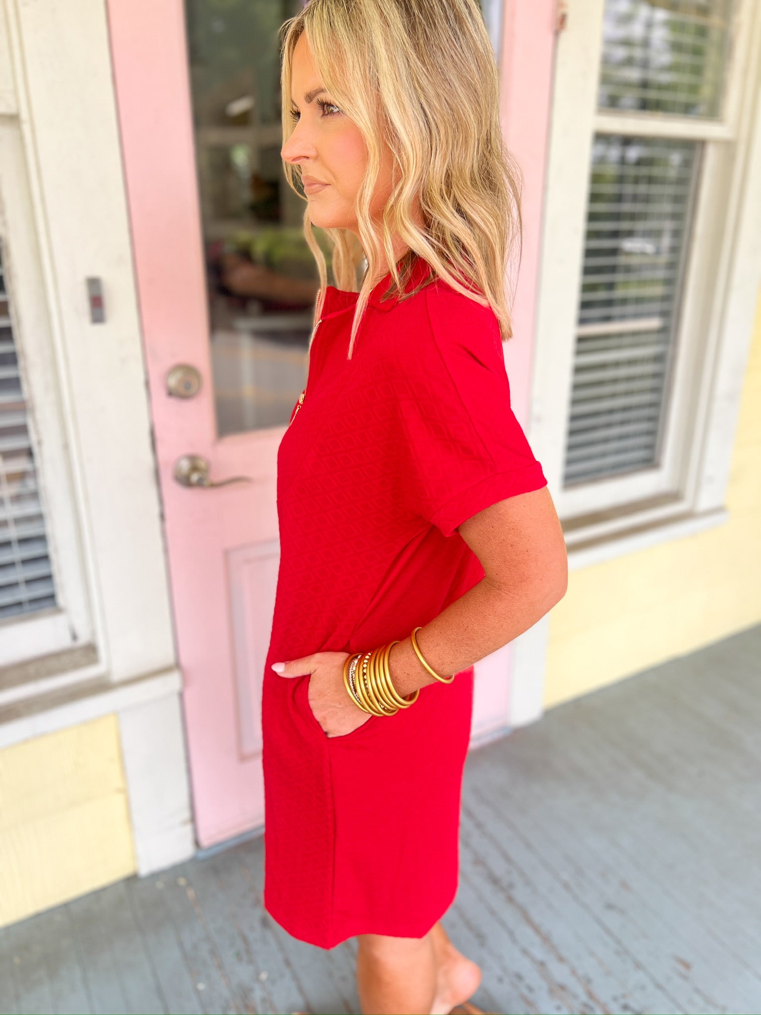 Ezra Textured Zipper Dress- Red