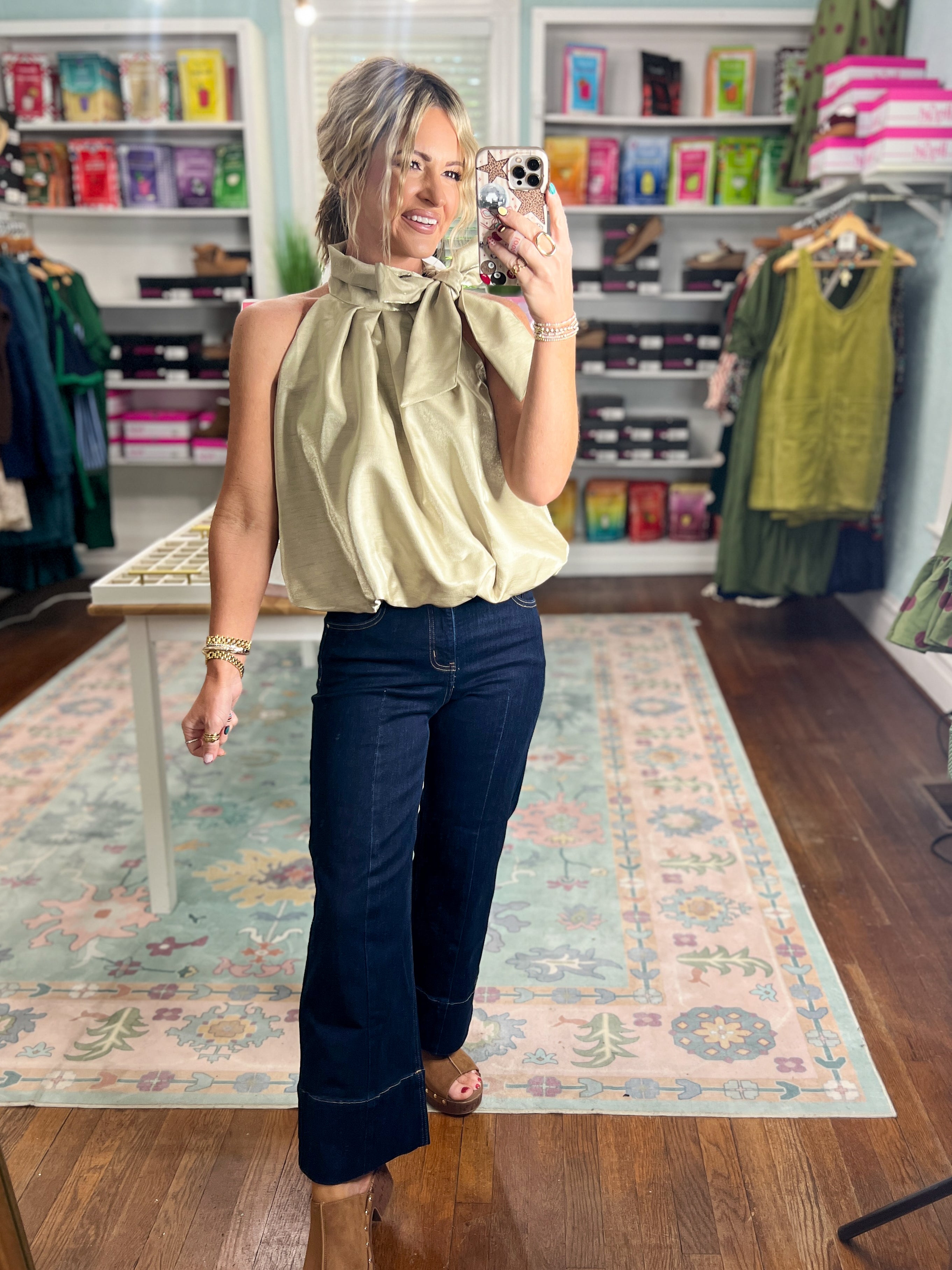 Taupe sleeveless balloon top with ruffled gathered neck and flowing fit